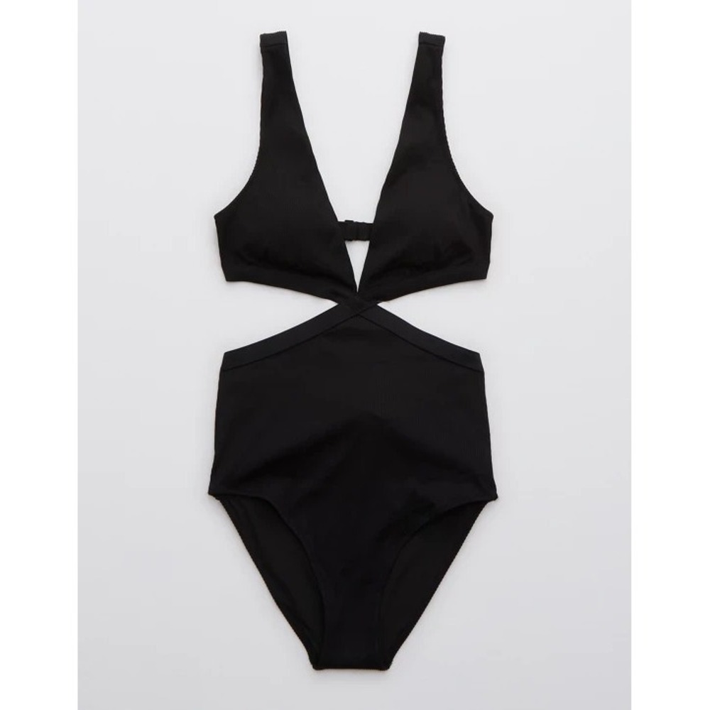 NWT Aerie Ribbed Mix Crossover Cut Out One Piece Swimsuit Black Size Medium Long - Picture 16 of 16